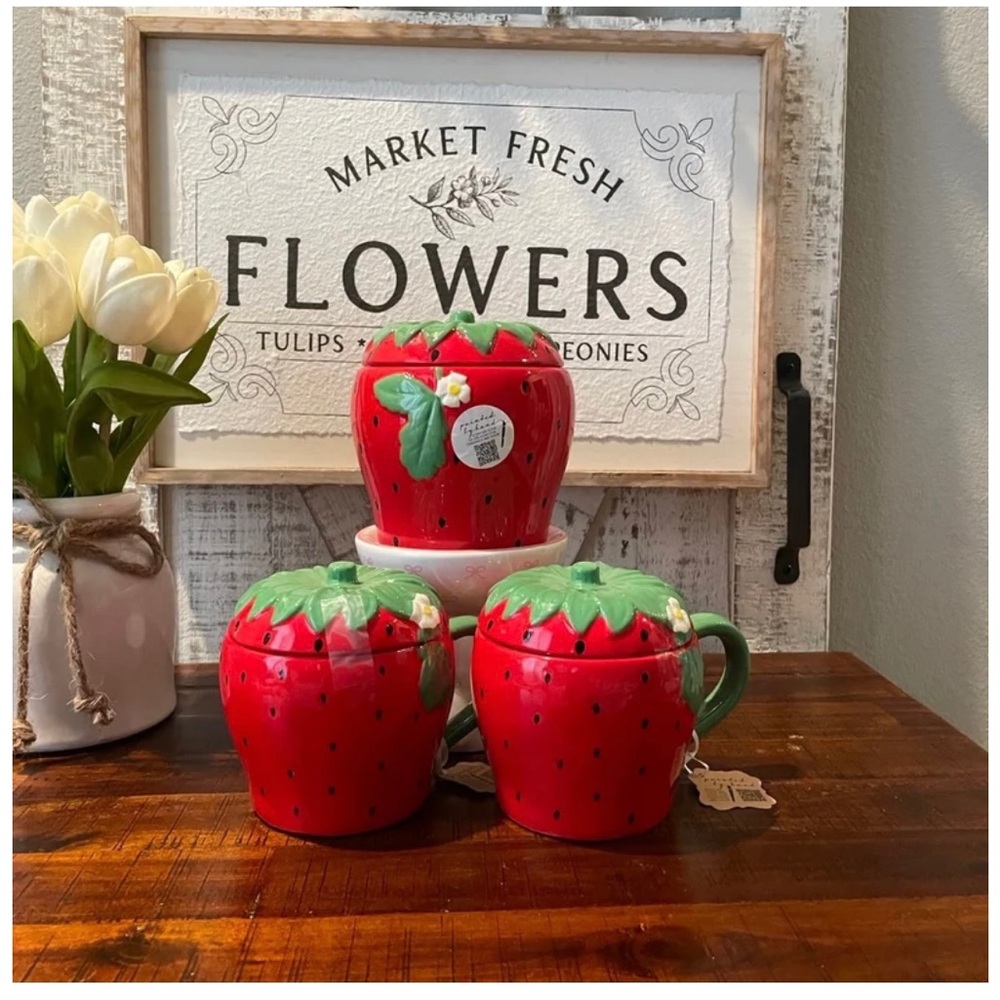 Strawberry Shaped Ceramic Canister and Matching Mugs